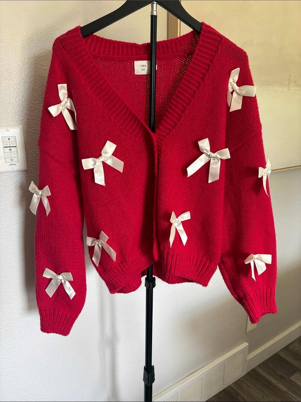 lunya Red V-Neck Bow-Appliqué Sweater